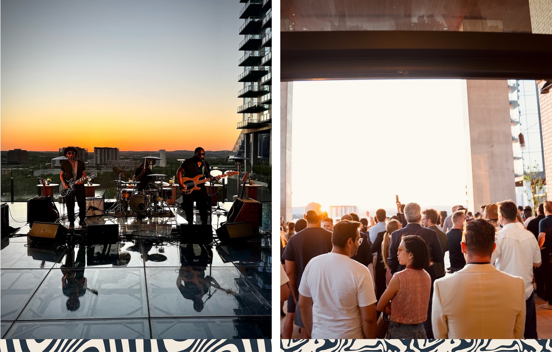 a band playing at dusk and a group of people