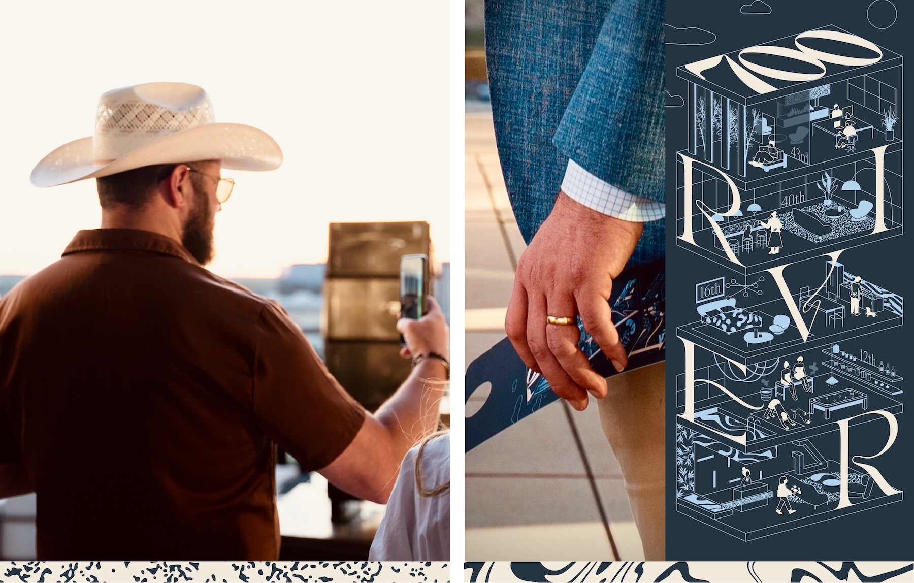 a person with a cowboy hat on taking a picture a person holding a paper flyer 